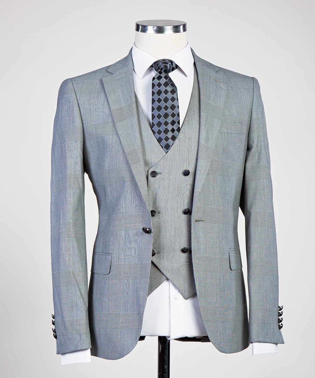 Chambers Dove Grey Suit with Bordeaux Overcheck - Sallieu Barrie Bespoke