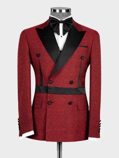 Red and Black Self Belted Double Breasted Tuxedo