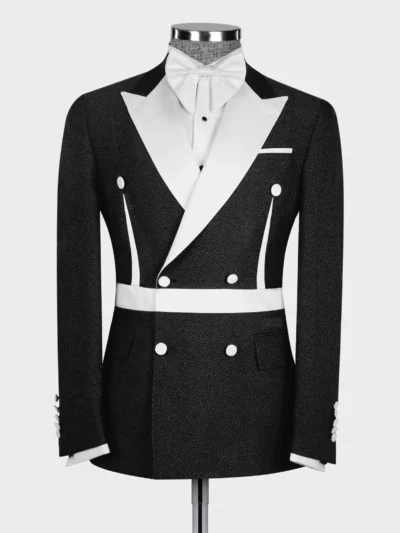 Black and White Self Belted Double Breasted Tuxedo