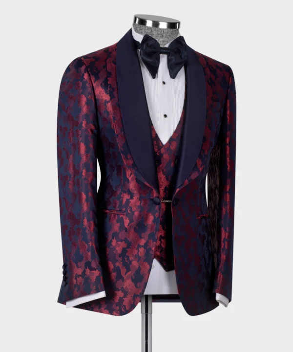 Dark Blue Double Lapeled Burgundy Tuxedo - Image 3