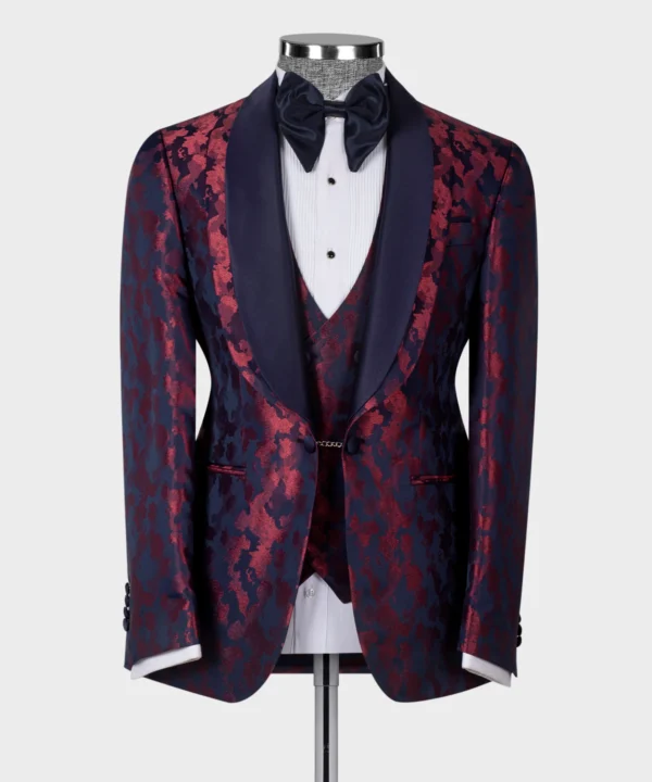 Dark Blue Double Lapeled Burgundy Tuxedo - Image 2