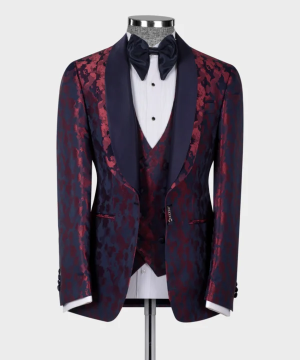 Dark Blue Double Lapeled Burgundy Tuxedo