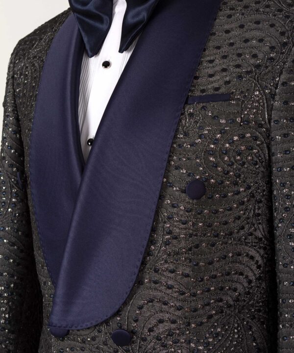 Navy Blue Patterned Grey Color Double Breasted Tuxedo - Image 3