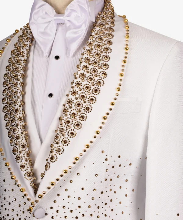 Gold Gem Stone Detailed White Custom Tuxedo - Image 4