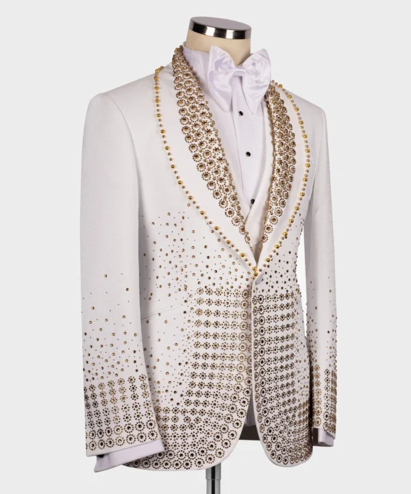 Gold Gem Stone Detailed White Custom Tuxedo - Image 2