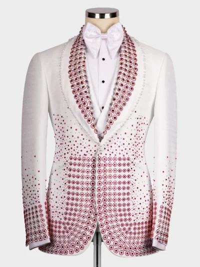 Red Gem Stone Detailed White Custom Tuxedo