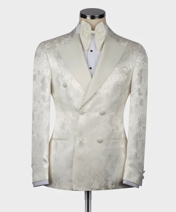 Cream Satin Collar White Patterned Tuxedo