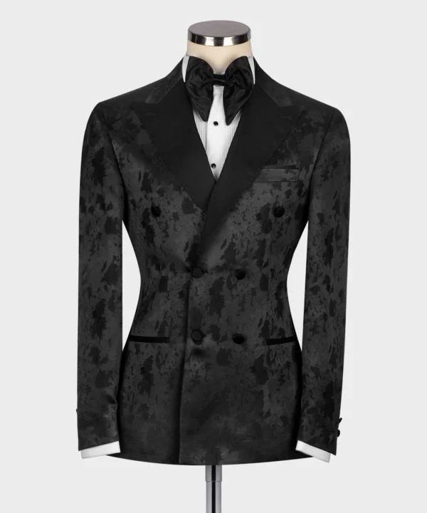 Black Satin Collar Black Patterned Tuxedo