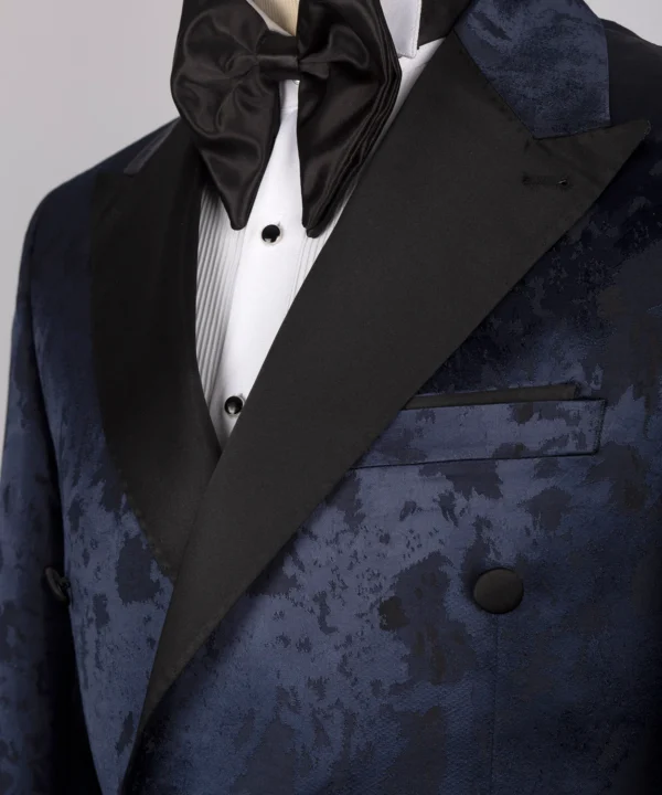 Black Satin Collar Dark Blue Patterned Tuxedo - Image 3