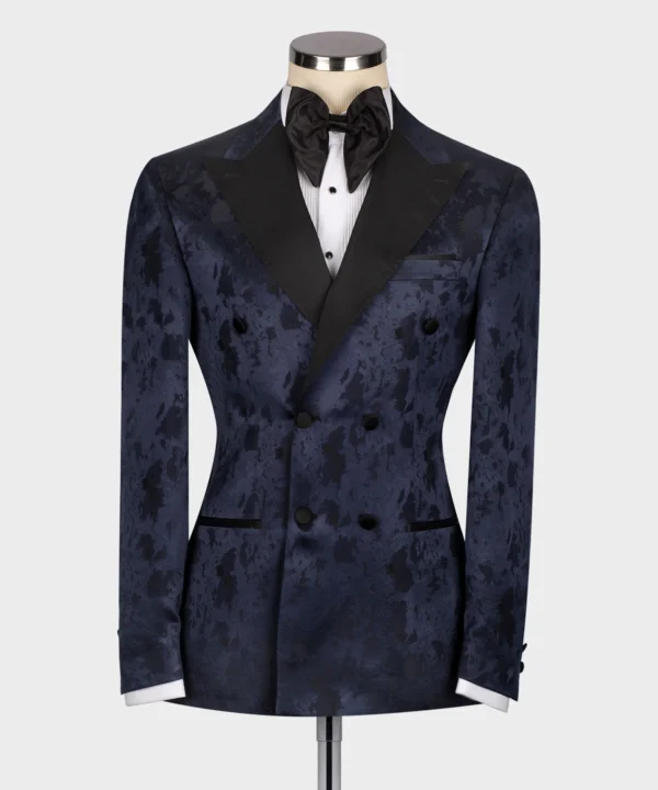 Black Satin Collar Dark Blue Patterned Tuxedo