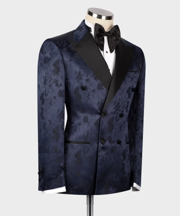 Black Satin Collar Dark Blue Patterned Tuxedo - Image 2