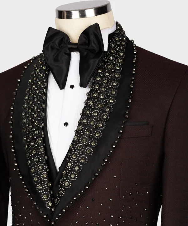 Satin Lalaped Round Patterned Custom Burgundy Tuxedo - Image 4