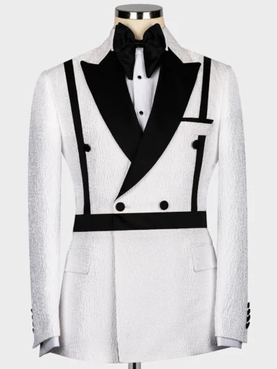 Black and White Self Belted Double Breasted Tuxedo