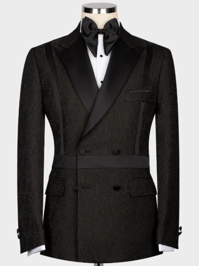 Black and Black Self Belted Double Breasted Tuxedo