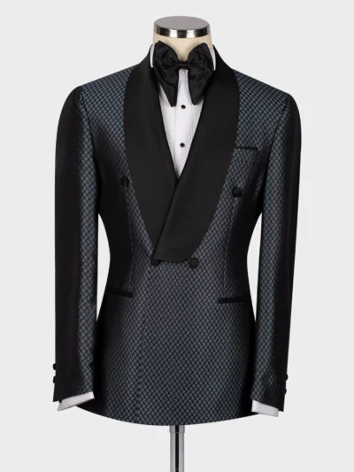 Black Satın Collar Blue Patterned Tuxedo
