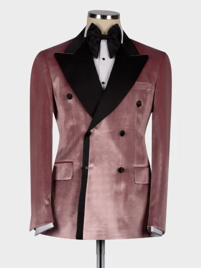 Pink Velvet Black Satin Lapel Double Breasted Tuxedo