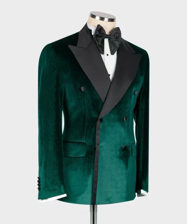 Green Velvet Black Satin Lapel Double Breasted Tuxedo - Image 2