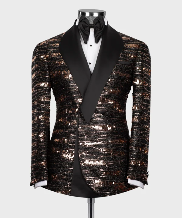 Black Satin Collar Black Double Breasted Tuxedo-gold scaly