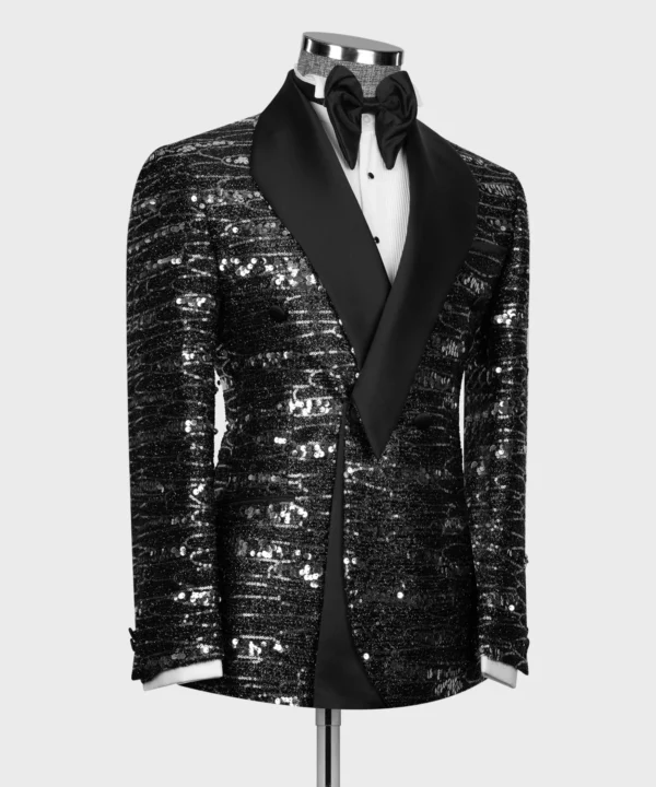 Black Satin Collar Black Double Breasted Tuxedo-silver scaly - Image 2