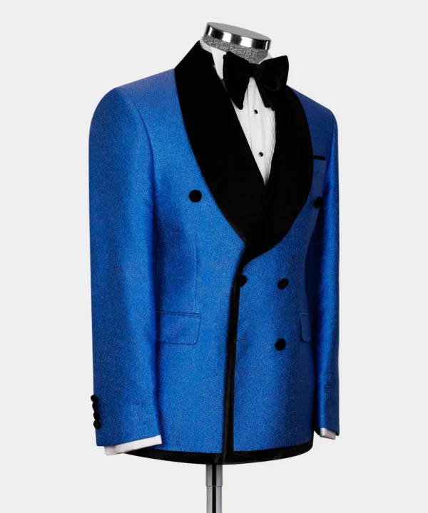 Velvet Shawl Double Breasted Suit - Blue - Image 2