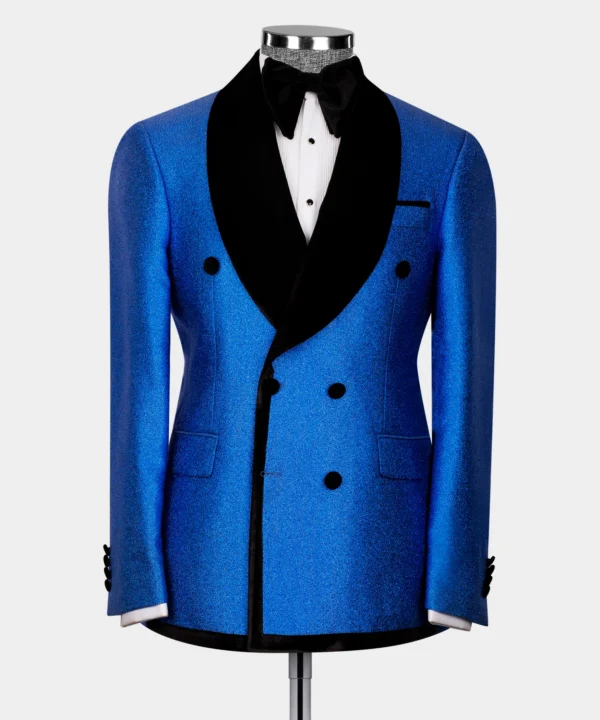 Velvet Shawl Double Breasted Suit - Blue