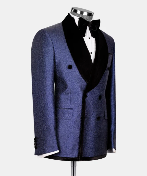 Velvet Shawl Double Breasted Suit - Dark Blue - Image 2