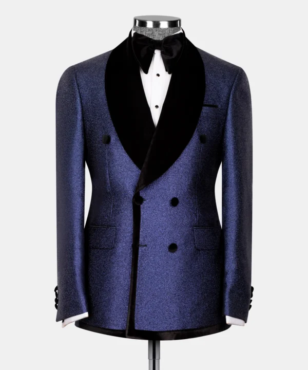 Velvet Shawl Double Breasted Suit - Dark Blue