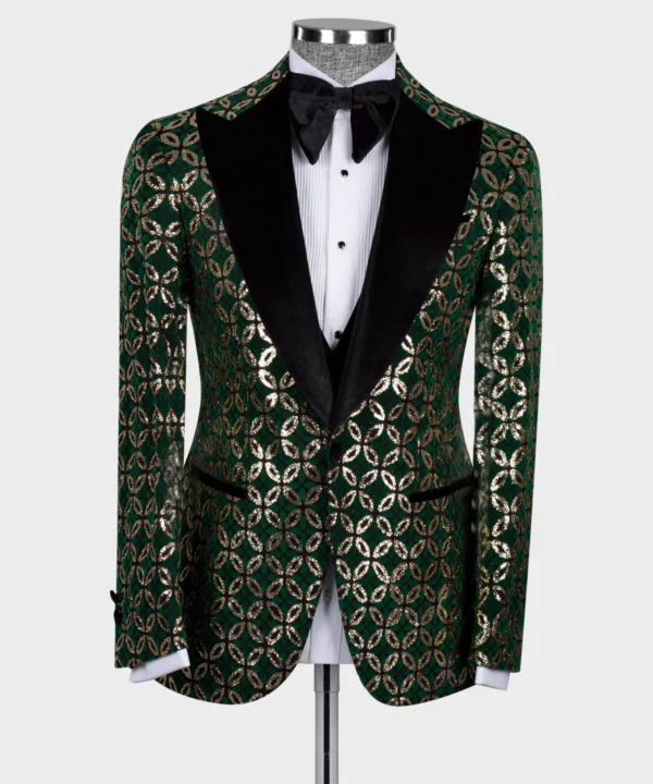 Velvet Lapeled Gold Detailed Green Tuxedo - Image 2