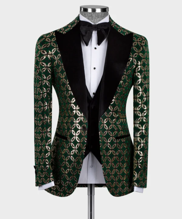 Velvet Lapeled Gold Detailed Green Tuxedo