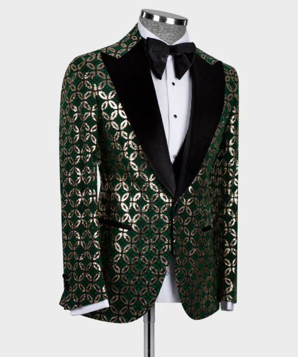 Velvet Lapeled Gold Detailed Green Tuxedo - Image 3