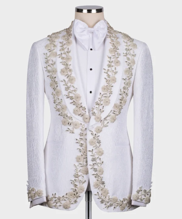 White tuxedo with flower and stone embroidery - Image 2