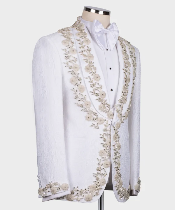 White tuxedo with flower and stone embroidery - Image 3