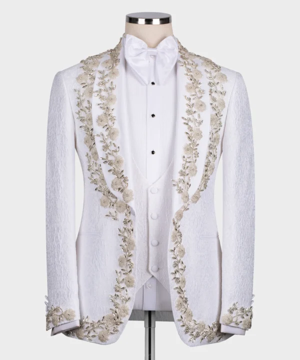 White tuxedo with flower and stone embroidery